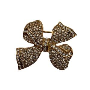 Vintage Brooch — Gold-Tone Bow with Rhinestones — Elegant Crystal Statement Pin